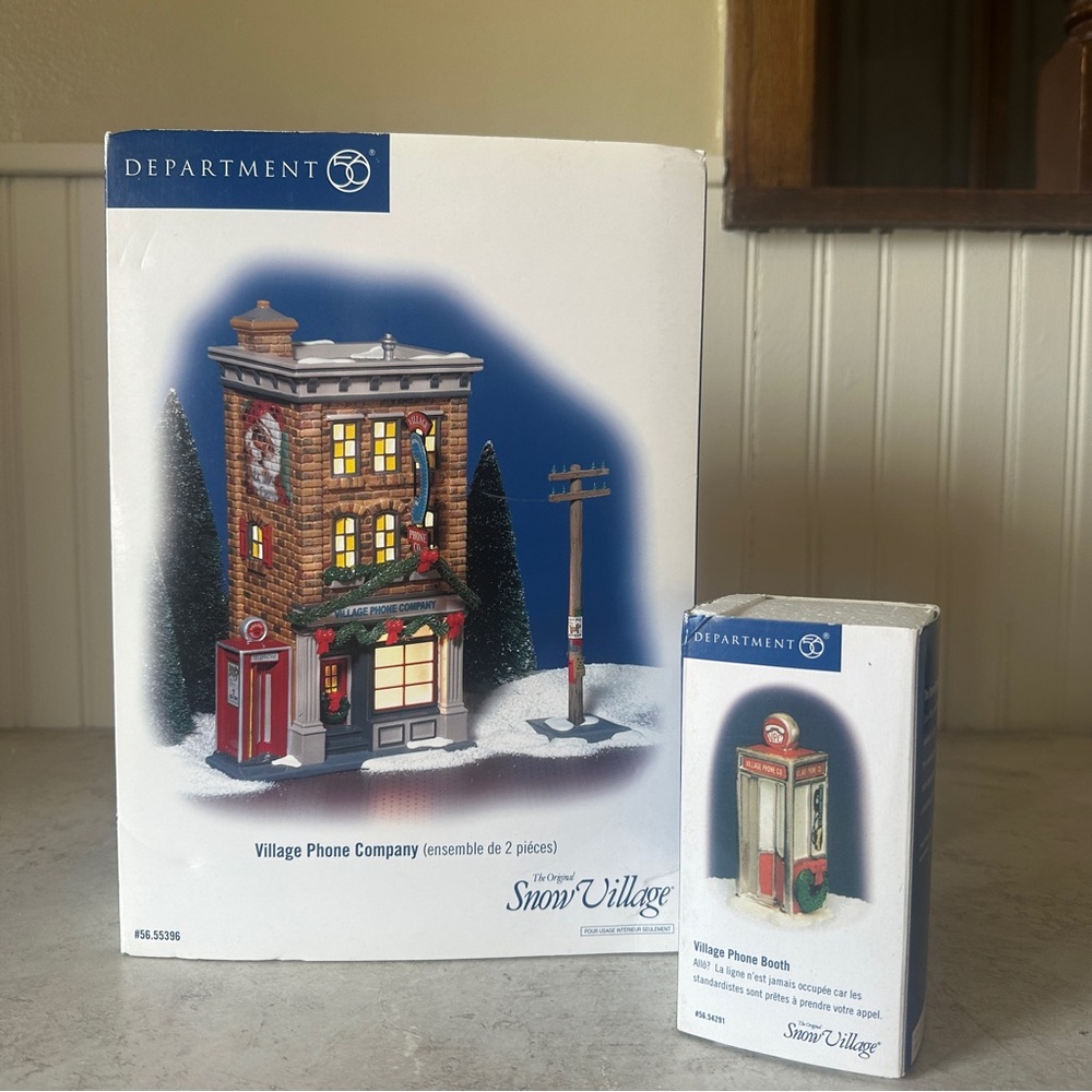 Department 56 Snow Village Phone Company Set Of 2 #55396 & Phone Booth Accessory